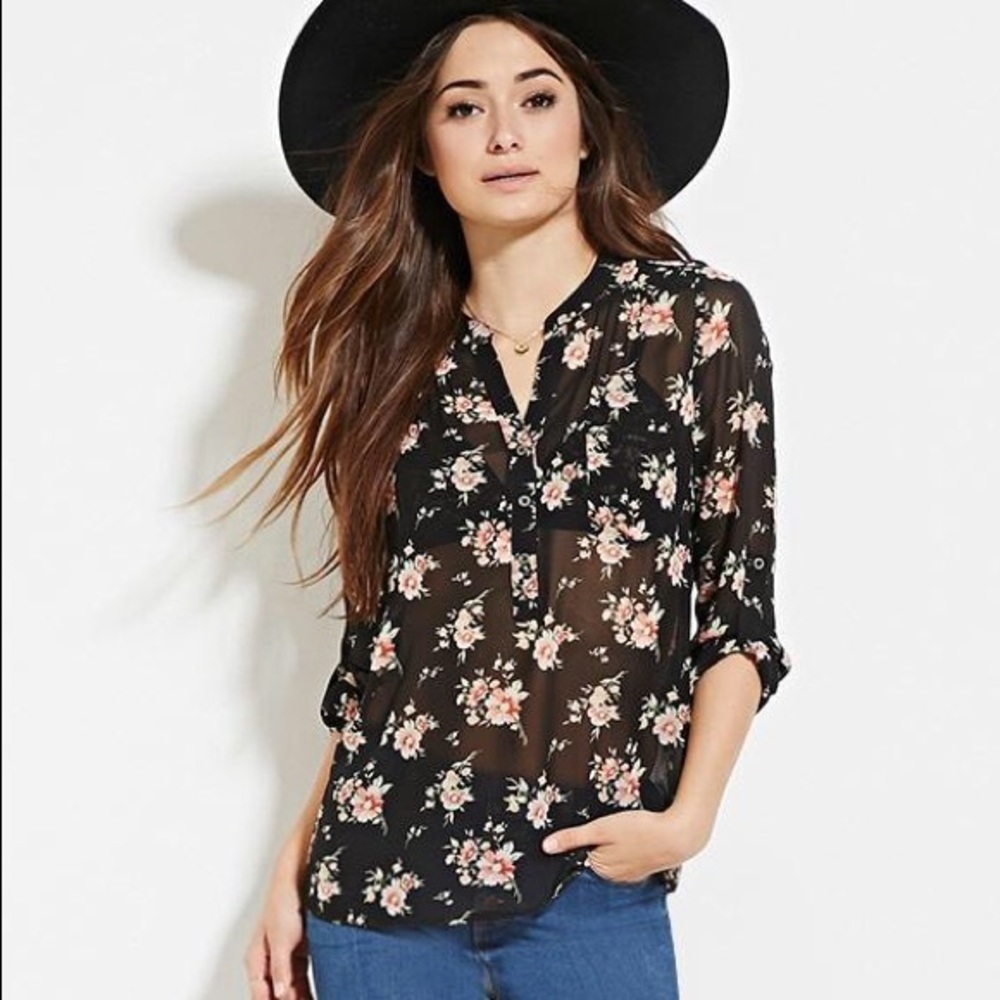 Semi-Sheer Floral Blouse